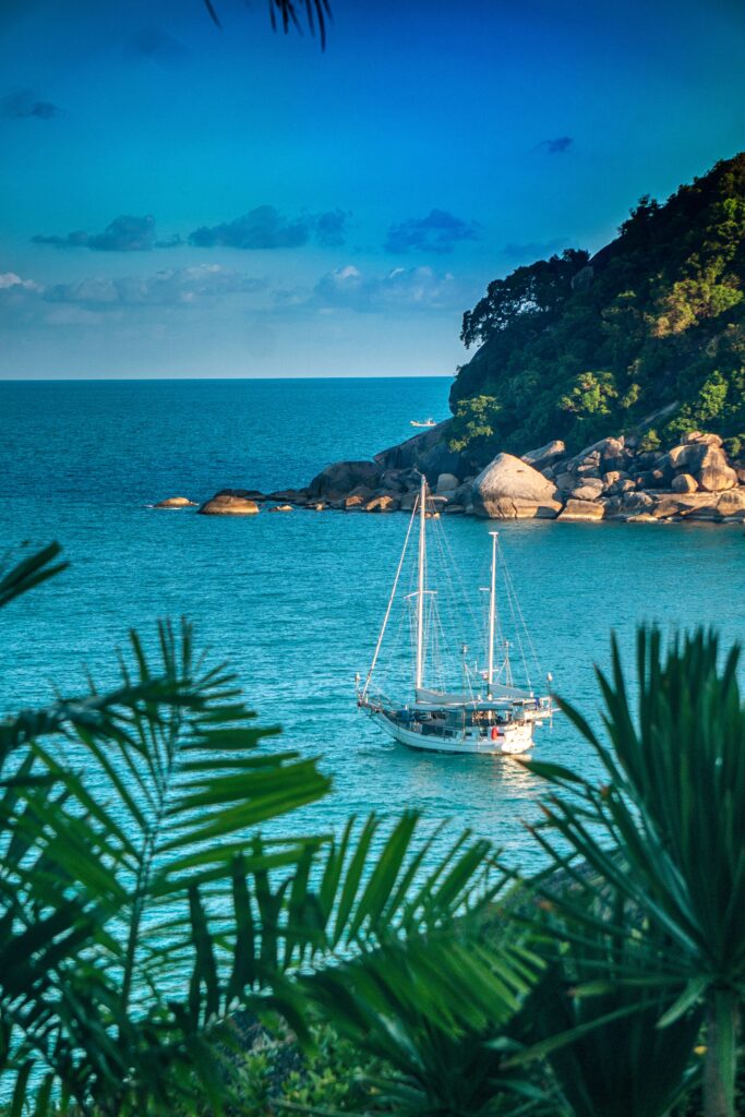 Beautiful sailboat near Koh Samui's lush coastline framed by palm leaves, capturing a tropical paradise.